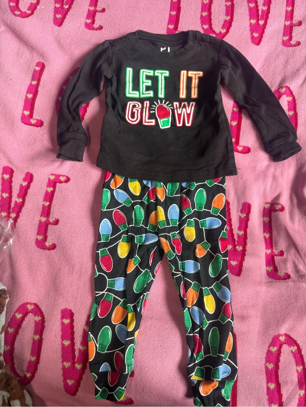 Place Kids Black 'Let It Glow' Pajama Set with Multicolored Light Print.